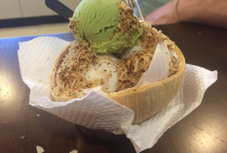 Coconut and matcha ice creams, with coconut flakes in a coconut shell