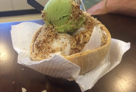 fresh made coconut and matcha ice creams with toasted coconut and shaved coconut flesh in KL, for about $1. I can still taste it...
