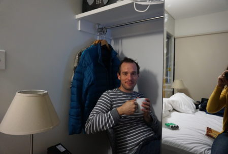 Everywhere we go, Matt has to figure out where to set up his workstation: some place quiet and preferably a standing desk space. In our one bedroom suite, he chose the closet. 